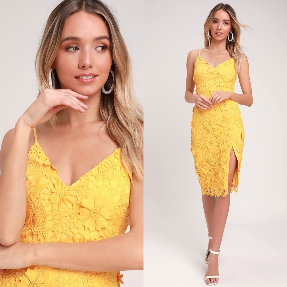 Lulu’s Yellow Crochet Lace Midi Dress